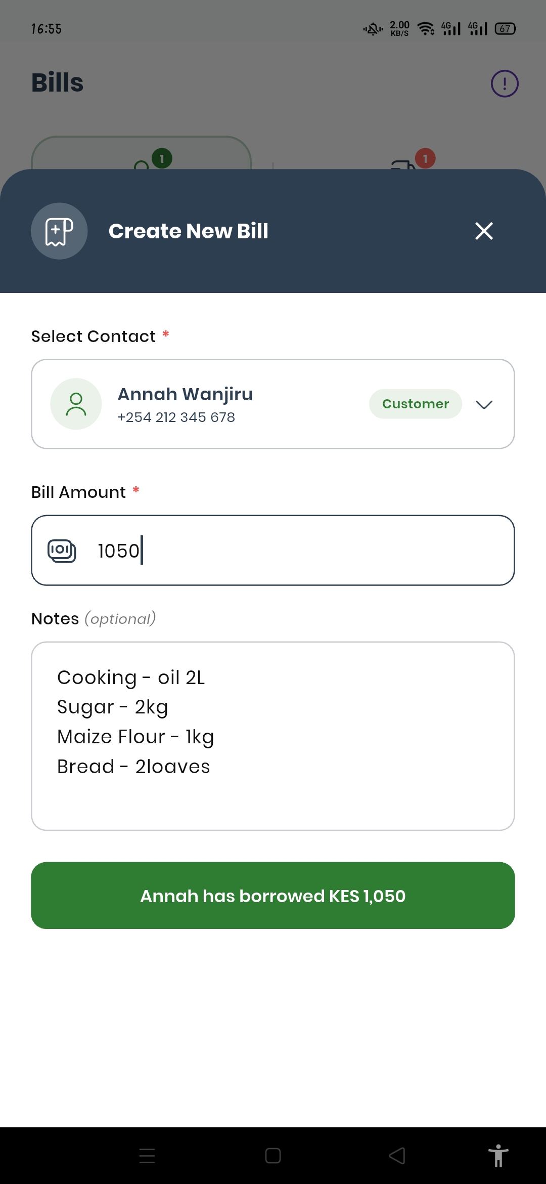 Create New Customer Bill